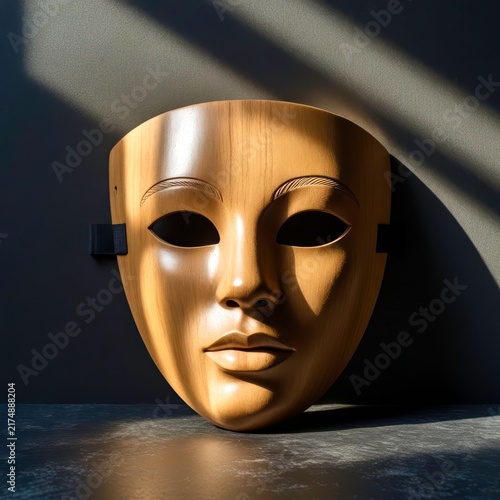 Wooden mask rests in quiet stillness