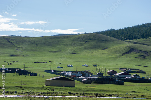 Quadro su tela Rural settlement beneath green hills, Orkhon Valley, Mongolia