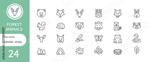 Forest animals linear icon set – editable stroke, vector