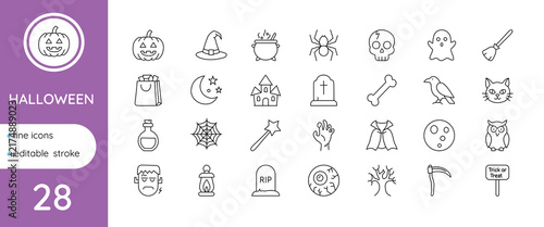 Halloween linear icon set – editable stroke, vector