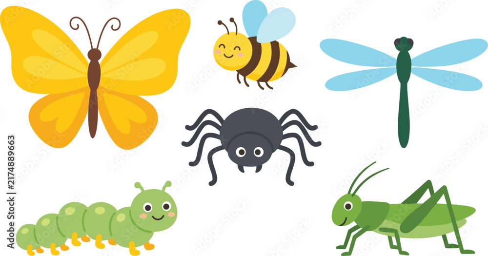 Fototapeta premium Cute insect vector cartoon character set with butterfly bee dragonfly spider caterpillar and grasshopper