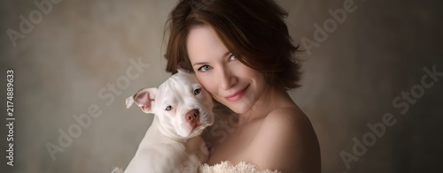 Affectionate woman posing with her white puppy against a warm neutral studio background