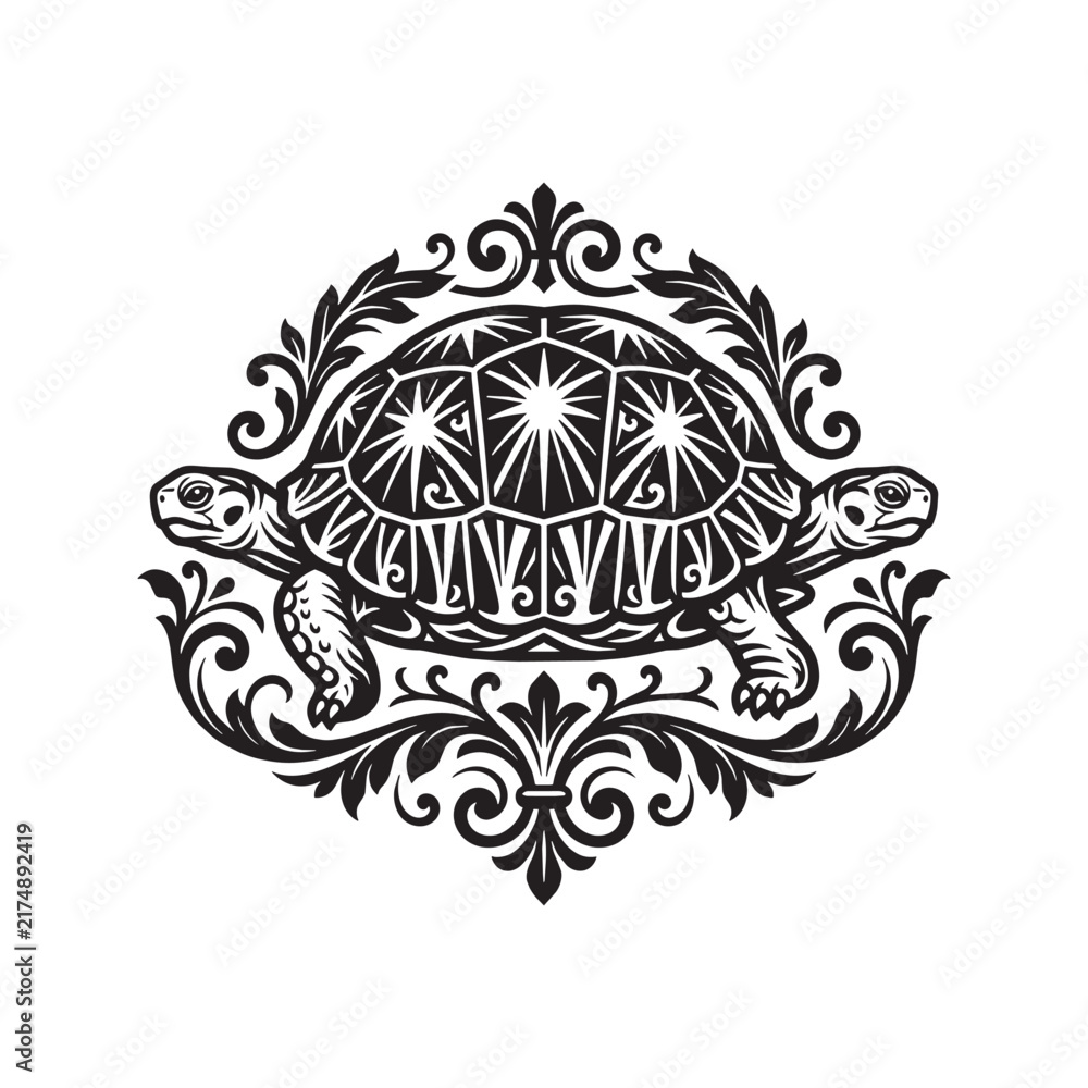 Fototapeta premium Symmetrical Double Headed Turtle Vector Illustration Featuring Victorian Flourish Filigree and Ornamental Scrollwork Design