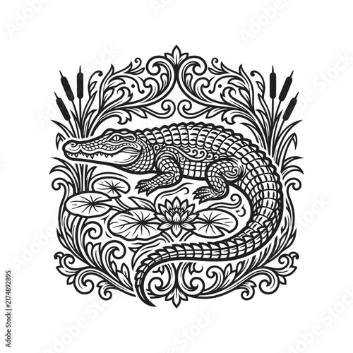 Ornate Victorian Alligator Illustration with Flourish Scrollwork and Filigree Ornamental Swamp Scene