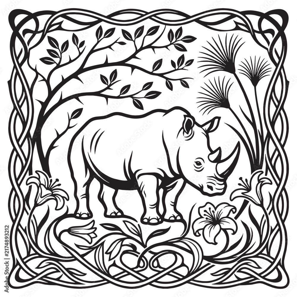 Fototapeta premium Ornate Art Nouveau Rhinoceros Illustration with Botanical Whiplash Floral Patterns and Ornamental Frame in Black and White Line Art Style