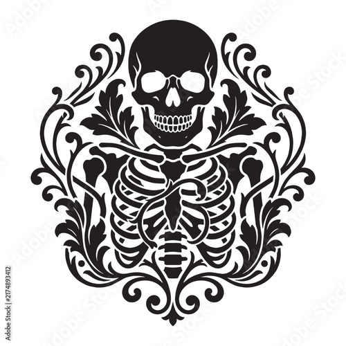 Victorian Gothic Skeleton with Ornamental Filigree, Flourish, and Scrollwork Design; Black and White Human Skull and Ribcage Stencil Graphic