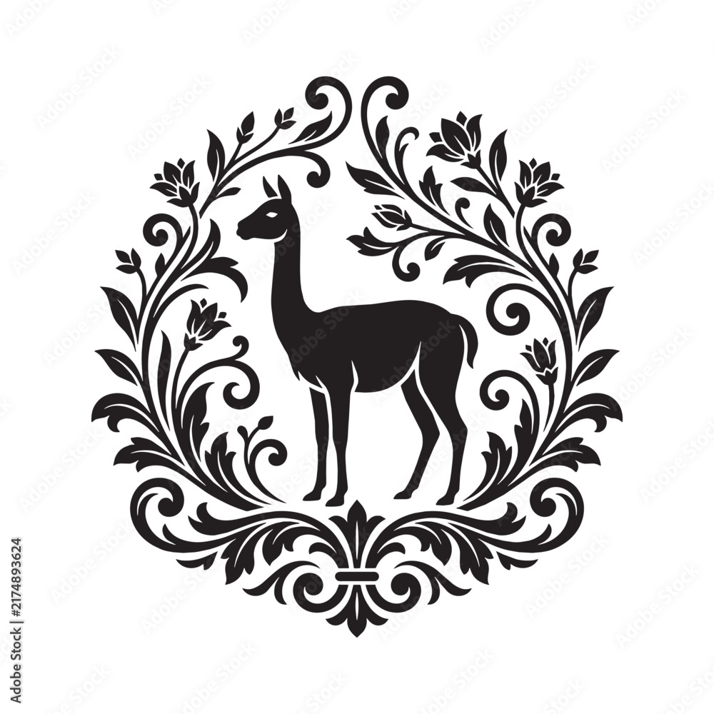 Fototapeta premium Elegant Llama Silhouette in Ornate Victorian Frame with Filigree Flourish and Ornamental Scrollwork Design