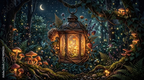 Magical halloween lantern illuminating dark botanical setting glowing mushrooms mystical forest