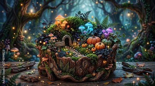 Enchanting halloween garden filled vibrant mushrooms pumpkins illuminated magical forest lights