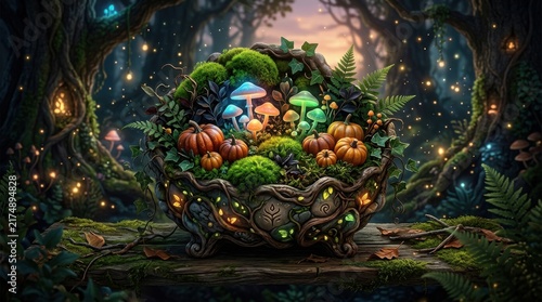 Magical halloween botanical arrangement featuring pumpkins mushrooms surrounded lush greenery mystical forest