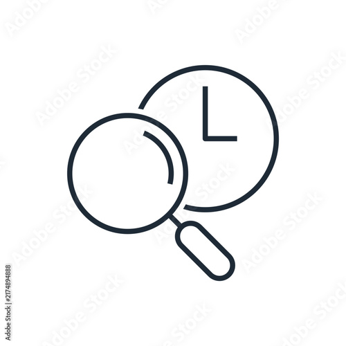 Vector linear icon a magnifying glass over a clock face. Search history, time tracking, temporal search, work hour audit, deadline inspection, chronological filtering, and time management research. 