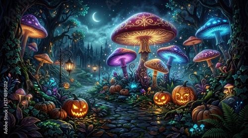 Magical halloween garden featuring glowing mushrooms jack o lanterns starry night sky