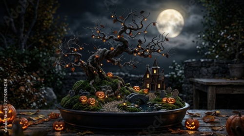 Eerie halloween decorations showcasing dark botanical theme haunted house glowing pumpkin lights full moon