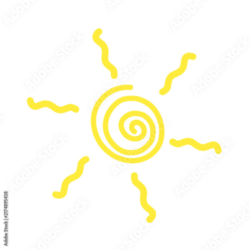 Yellow sun icon with spiral center and wavy rays for summer weather design element.