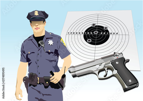 Obraz na plátně 047-04-Officer standing by target with pistol for marksmanship practice