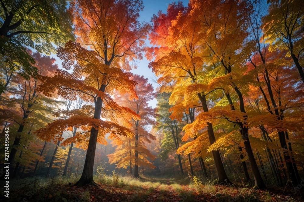 Obraz premium Sunlight streams through Wisconsin forest canopy in autumn. Vibrant orange, yellow, and red maple leaves blanket the ground. Tall trees with colorful foliage create a magical fall scene.