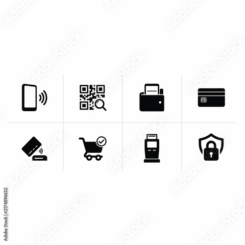 Set of flat black financial and payment icons including mobile payment, QR code scanner, credit card, shopping cart, and secure shield symbols for modern digital commerce and online transactions