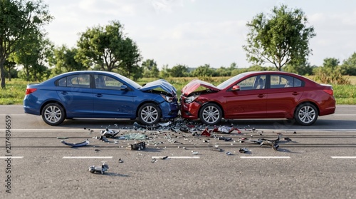 Head-on car collision between a blue sedan and a red sedan on an asphalt road with scattered vehicle debris and broken glass parts on the pavement