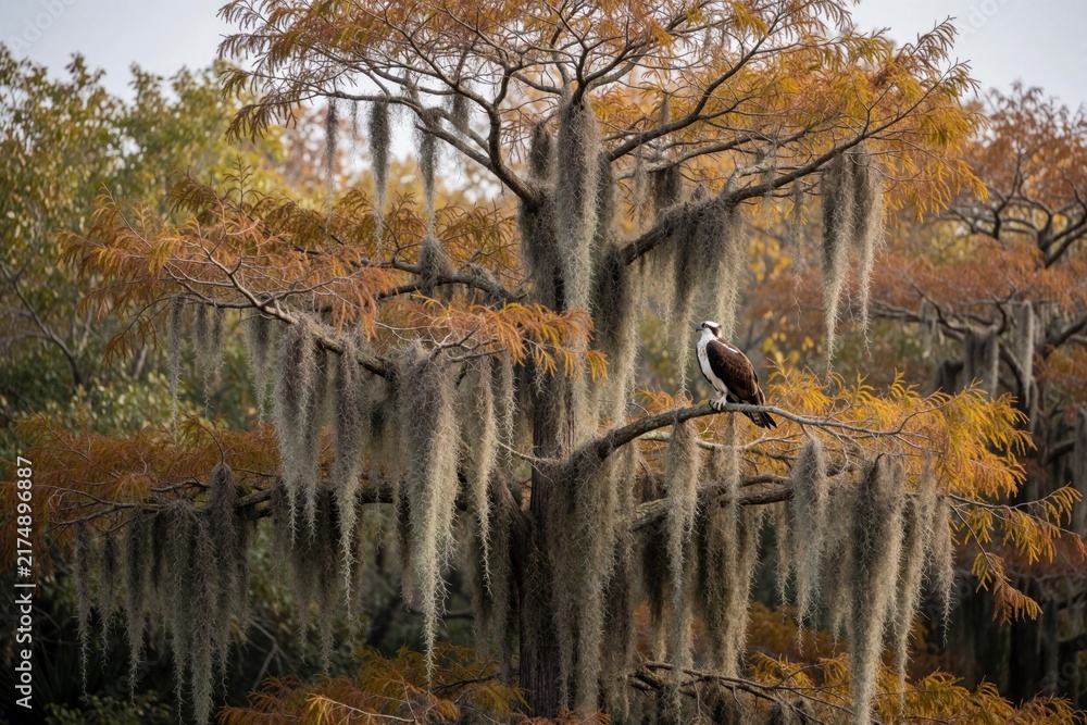 Naklejka premium Osprey bird perches on branch of tree covered in Spanish moss. Autumn colors on foliage create a natural scene with a wild animal in its habitat.