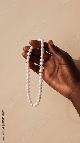 A close-up of a dark-toned hand displaying an ivory pearl necklace against a champagne beige backdrop. Elegant light and minimal shadows heighten this luxury jewelry editorial.