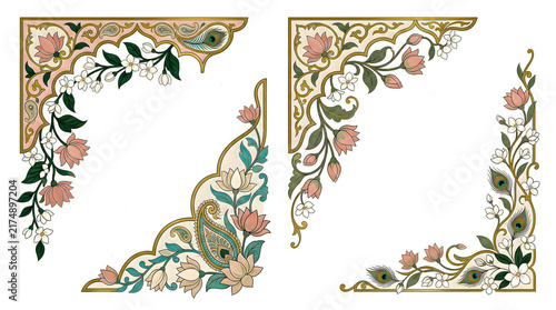 Floral ornament arrangements featuring lotus blossoms paisley motifs and peacock feathers showcase a detailed vector style blossom feather illustration