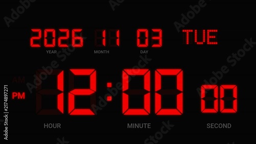 Animated red LED digital clock and calendar displaying fast forward passing days on a dark background