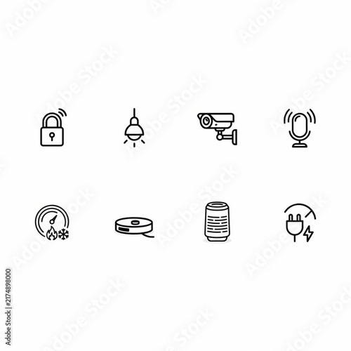 Smart Home Technology Icons Security, Automation, and Energy Management Set