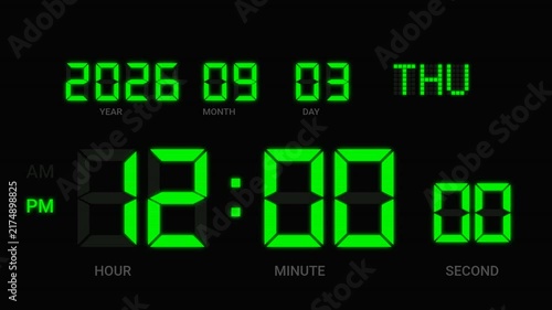 Animated green glowing LED digital clock and calendar displaying rapid date changes on a black background