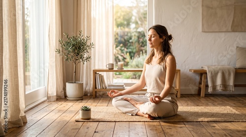 Person Sitting in Lotus Yoga Position in Sun-Drenched Minimalist Living Room for Wellness