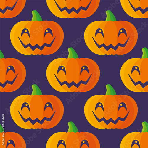 Vector seamless pattern of scary pumpkin for Halloween. Funny seamless pattern of pumpkins for Halloween party.