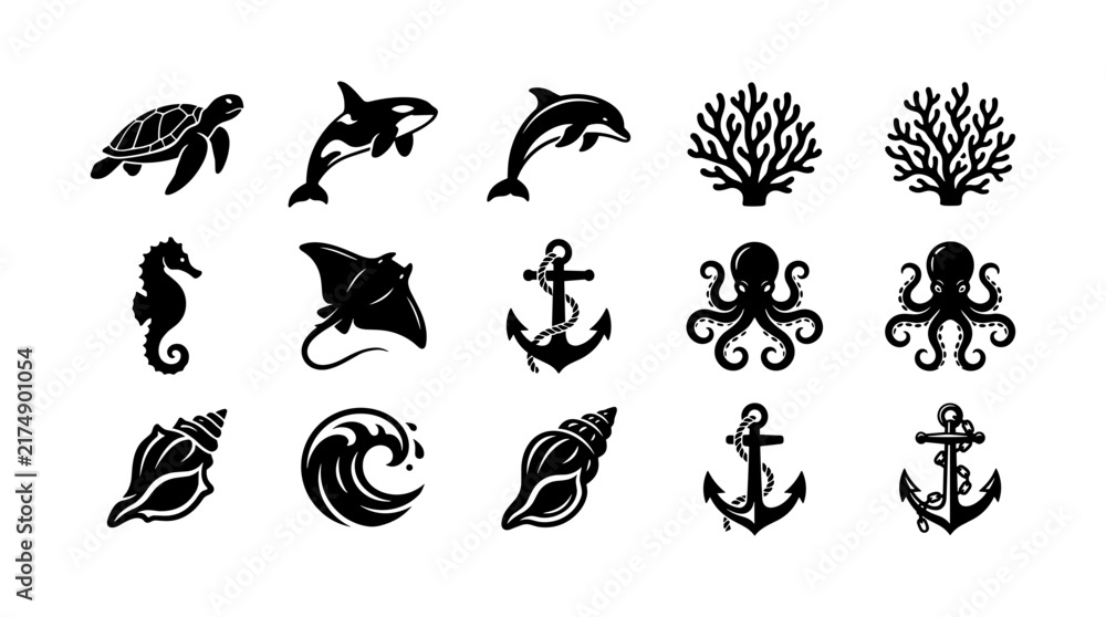 Obraz premium Marine Life Icons Set with Sea Creatures, Coral, Shells, and Nautical Elements. Underwater World Illustration for Design.
