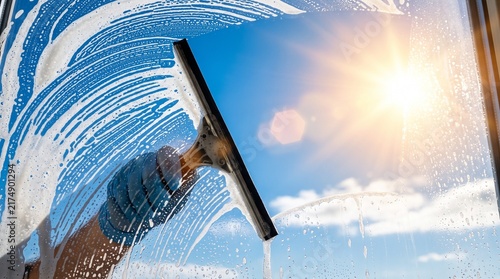 Obraz w ramie Gloved hand skillfully using a squeegee to clean soapy window glass, revealing a bright, clear view