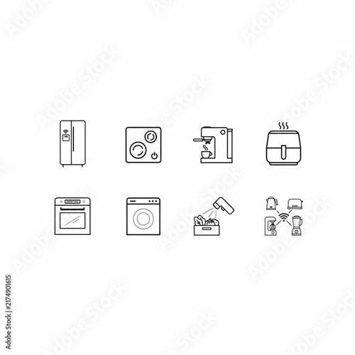 Collection of smart home appliance icons for modern living, featuring refrigeration, cooking, laundry, and connectivity