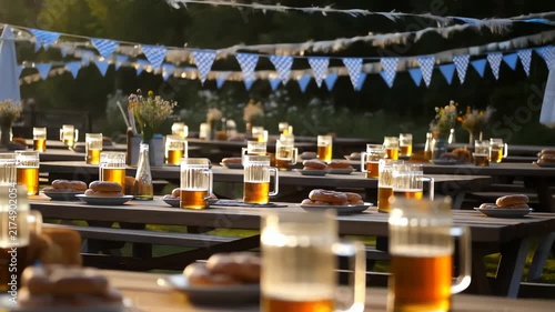 Traditional German Beer Garden Setup with Steins of Beer and Pretzels for Oktoberfest Celebration
