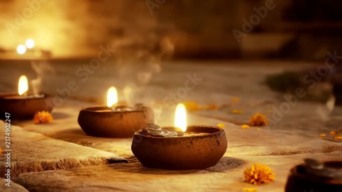 Burning Clay Diya Lamps and Marigold Flowers on Stone Path for Diwali Celebration