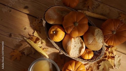 Autumn Harvest Flat Lay with Pumpkins and Fresh Bread on Rustic Wooden Background