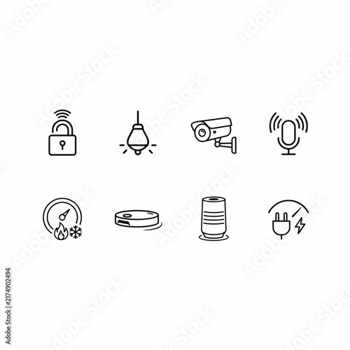 Vector icon set of smart home technology including security camera voice assistant robot vacuum thermostat smart lock and automated lighting systems