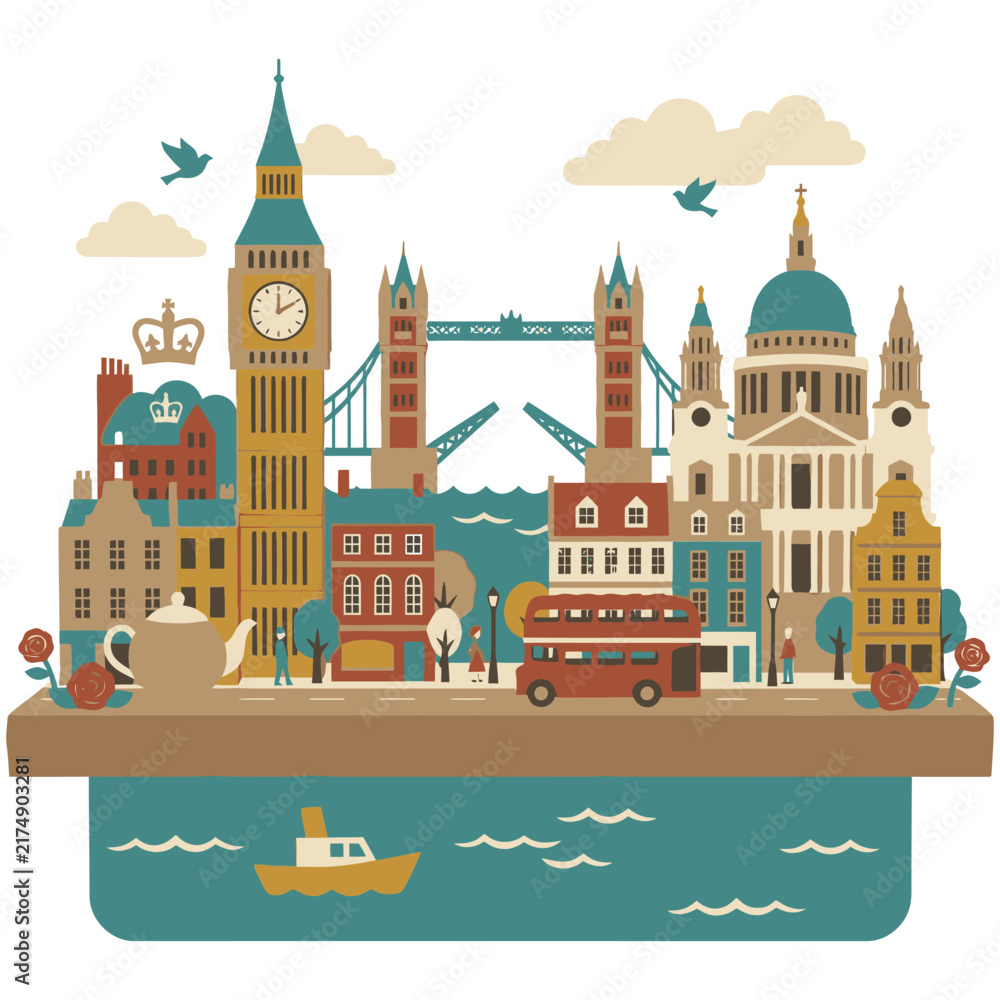 Obraz premium Stylized illustration of london landmarks with big ben and red bus