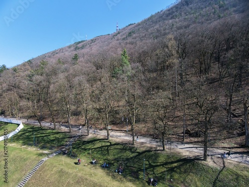 фотографія Aerial view of people relaxing on a promenade at the foot of Tampa Mountain in B
