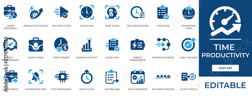 Productivity and time management vector icon set. Features efficiency teamwork, optimization checklist, workflow planning, performance schedule, target goal, and calendar dashboard.