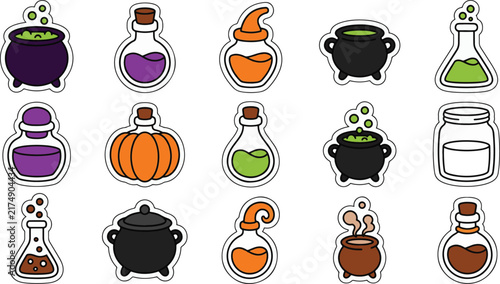 Cute halloween collection of magic potions and cauldrons outline stickers