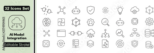 32 AI Model Integration Vector Outline Icons Set – Artificial Intelligence, Machine Learning, API, Cloud Computing and Automation Line Symbols Collection