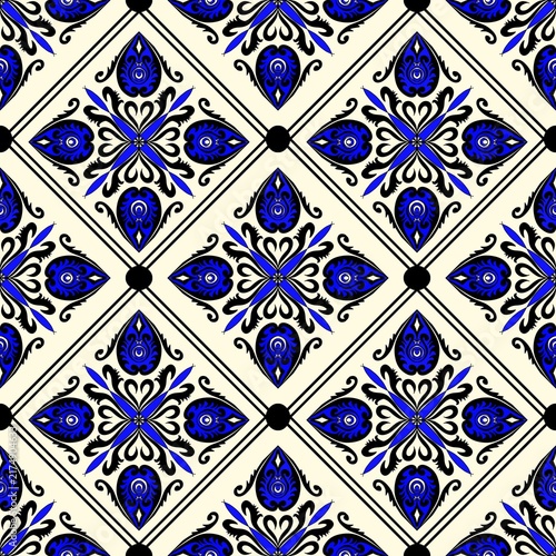Seamless Portuguese Azulejo Ceramic Tile Pattern with Royal Blue and Black Damask Floral Ornaments on Cream Background, Vector Illustration seamless damask pattern