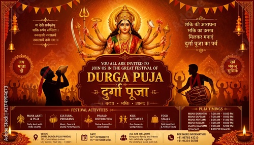 llustration of Goddess in Happy Durga Puja Subh Navratri Indian religious header banner background with text in Hindi meaning Mother Durga