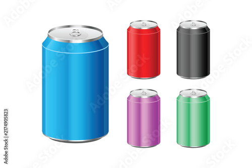 Fotografie A collection of five aluminum soda cans in different colors, including blue, red