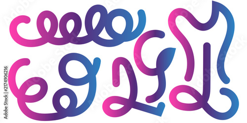 Simple Gradient Colorful Swirl Lines Set Composition. Love Vector Symbols 3D Set. Abstract Squiggly Heart Illustrations for Valentine's Day. Funky grunge graffiti thick squiggles, doodle lines for str