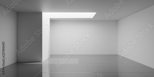 Empty modern white room interior or art gallery indoor background, skylight with sunlight and dark floor tiles, modern interior template