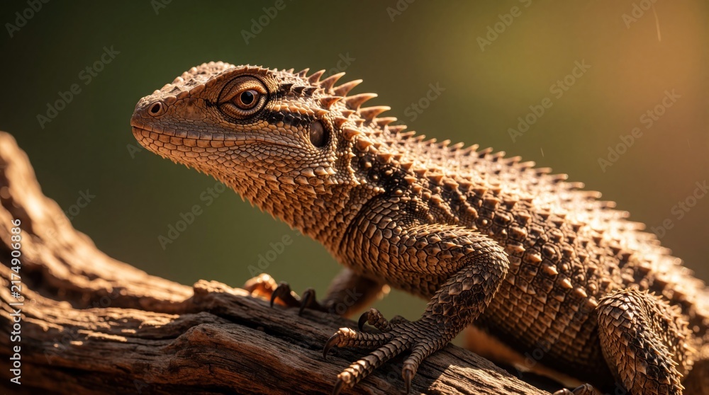Fototapeta premium Spiky lizard rests on weathered wood branch. Close up macro view shows detailed rough scales and sharp claws. Sunlit reptile basks in natural warm light, showcasing desert fauna.