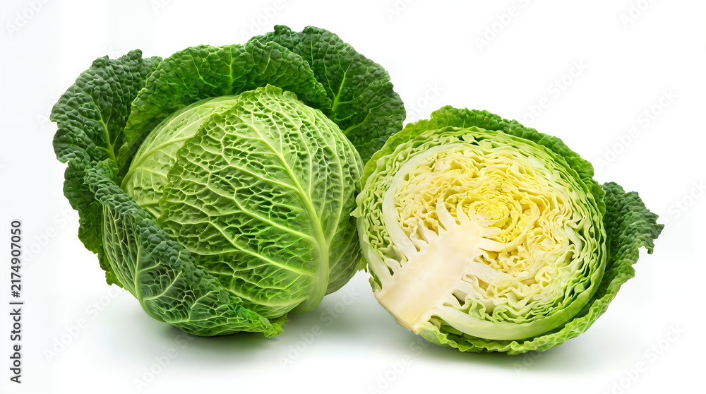 Fototapeta premium Fresh savoy cabbage whole and sliced half isolated on white background photo