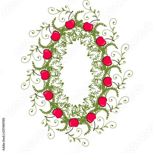botanical foliage frame with decorative vines, leaves and cherry on white background